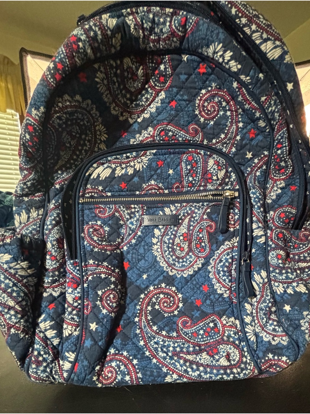 Vera Bradley Navy Paisley Quilted Backpack with Red and Cream Accents